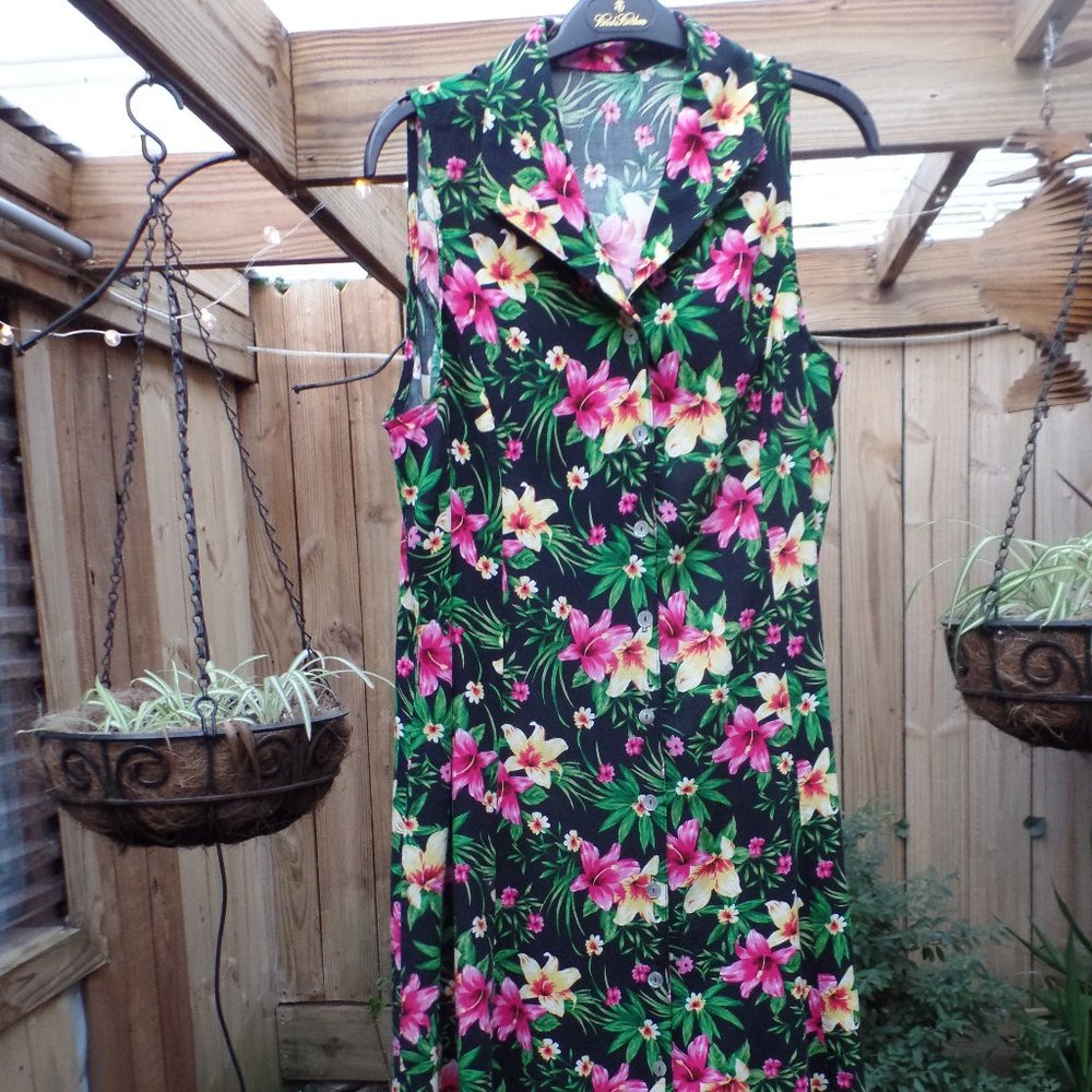 Black floral button down shift dress